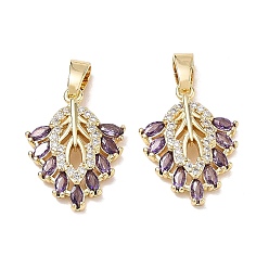 Purple Brass Micro Pave Cubic Zirconia Pendants, Leaf Charms, Golden, Purple, 20x15x4mm, Hole: 3x5.5mm