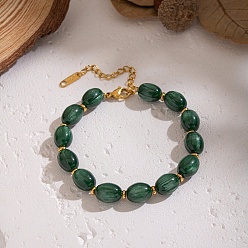 Зеленый 11мм браслеты из овальных бусин из смолы, фурнитура из нержавеющей стали , золотые, зелёные, 6-3/4 дюйм (17 см)