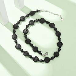 Black Natural Lava Rock Coin Beaded Necklaces, with Glass Beads and 304 Stainless Steel End Chains, Stainless Steel Color, Black, 18.78 inch(47.7cm)