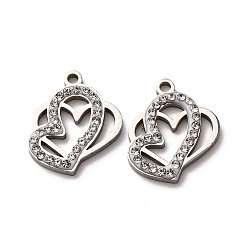 Нержавеющая Сталь Цвет 304 подвески из нержавеющей стали и глиняных страз, сердце, цвет нержавеющей стали, 16.5x15.5x2.5 мм, отверстие : 1.6 мм