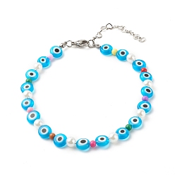 Deep Sky Blue Evil Eye Handmade Lampwork Beaded Anklets for Women, Acrylic & ABS Plastic Beads Anklets, Deep Sky Blue, 9-5/8 inch(24.5cm)