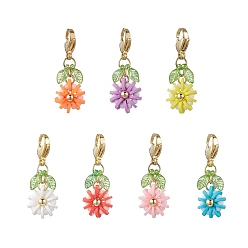 Mixed Color 7Pcs Flower Polymer Clay & Glass Pendants Decorations, with Alloy Lobster Claw Clasps, Mixed Color, 41mm