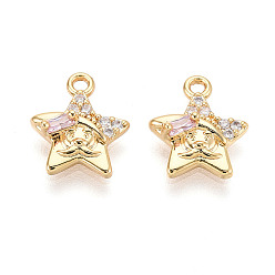 Розовый Латунные микро проложить кубического циркония прелести, звезда, долговечный, без никеля , реальный 18 k позолоченный, туманная роза, 12.5x10.5x4 мм, отверстие : 1.4 мм