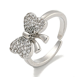 Платина Кольцо-манжета с кубическим цирконием из латуни с микропаве, открытое кольцо с бантом для женщин, без кадмия и без свинца, долговечный, платина, регулируемый