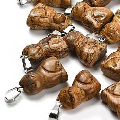 Пейзажный Джаспер Естественного изображения яшмы подвески, с 201 вывод из нержавеющей стали, кошка, 24~25x15~16x9~10 мм, отверстие : 4.5x7 мм