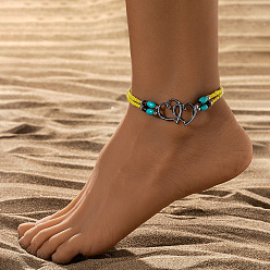 Желтый Эластичные браслеты на ногу из сплава с двойным сердцем, Двойные ожерелья из синтетической бирюзы и стеклянных бусин, металлический черный , желтые, внутренний диаметр: 2-1/2 дюйм (65 мм)