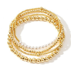 Oro Conjuntos de pulseras elásticas redondas de latón y perlas de imitación de Bohemia, 3 Pulseras apilables ajustables de 6.89- hebras, dorado, 17.5 pulgada (3 cm), {1} PC / sistema