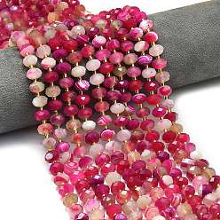 Светло-Вишневый Натуральные полосатые агатовые бусы, окрашенная и подогревом, граненые, рондель, с бисером, светло-вишневый, 8.5~10x5.5~6.5 мм, отверстие : 1 мм, около 43~45 шт / нитка, 15.35'' (39 см)