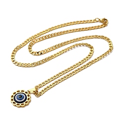 Golden Enamel Flower with Eye Pendant Necklaces, 304 Stainless Steel Curb Chain Necklaces , Golden, 23.46 inch(59.6cm)