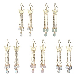Mixed Color Golden 304 Stainless Steel Butterfly Chandelier Earrings, Imitation Jade Glass Tassel Earrings, Mixed Color, 75mm