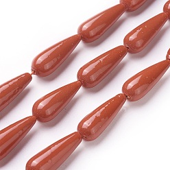Red Electroplate Shell Pearl Beads Strands, teardrop, Red, 30~31x8.5~10mm, Hole: 1mm, about 13pcs/strand, 15.7 inch(40cm)