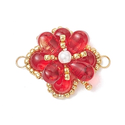 Красный Подвески-соединители из стеклянных и бисера, золотые, цветок, красные, 28x23x11 мм, Перейти кольцо: 4x0.5 мм, 2.8 мм внутренним диаметром