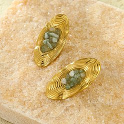 Аквамарин Овальные серьги-гвоздики из нержавеющей стали, реальный 18 k позолоченный, с естественным аквамарином, 36x18 мм