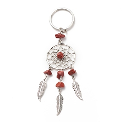 Красный Камень Брелок из натуральной красной яшмы, с железом, 304 выводы из нержавеющей стали и сплавов, тканая сеть / паутина с пером, 11.4~11.8 см