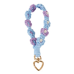 Васильковый Подвесные украшения из хлопчатобумажных плетеных цветов, с застежками в виде сердечек из сплава и пластиковыми бусинами, васильковый, 200 мм