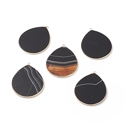 Banded Agate Natural Striped Agate/Banded Agate Pendants, with Brass Findings, Drop, Dyed & Heated, Golden, 42~44x33~35x2.5mm, Hole: 2mm
