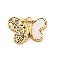 Настоящее золото 18K Натуральный белый оболочки подвески, 304 подвески-бабочки из нержавеющей стали со стразами, реальный 18 k позолоченный, 12.5x18x3 мм, отверстие : 1.5 мм