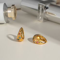 Настоящее золото 18K Серьги-кольца из нержавеющей стали с разноцветными стразами, реальный 18 k позолоченный, 15.3x7.9 мм