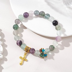Смешанные камни Браслеты с подвесками в виде крестов из религиозного сплава, Эластичные браслеты из натурального агата и флюорита с круглыми бусинами для женщин., внутренний диаметр: 2.17 дюйм (5.5 см)