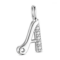 Silver 925 Sterling Silver Charms, with Grade AAA Cubic Zirconia, For Bracelet Making, Letter A, Clear, Silver, 10x7.5mm