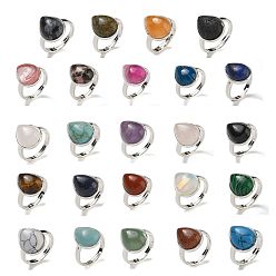 Смешанные камни Каплевидные регулируемые кольца с натуральными и синтетическими драгоценными камнями, без свинца и без кадмия, посеребренные латунные перстни для женщин и мужчин, слеза: 18.5x14 мм, внутренний диаметр: 18 мм