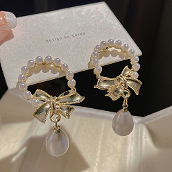 Bowknot Серьги-гвоздики из пластика с имитацией жемчуга, с кристально горный хрусталь, золотые, бантом, 46x21 мм