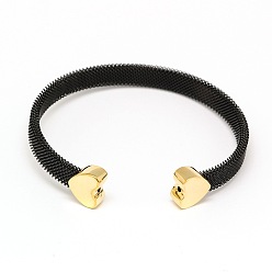 Gunmetal 304 Stainless Steel Mesh Bangles, Cuff Bangles, with Heart Head Findings, Gunmetal, 50~55x59~63mm