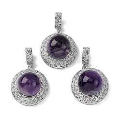 Аметист Подвески из натурального аметиста , плоские круглые подвески из латуни с платиновым покрытием, стойки покрытие, долговечный, 35.5x22.5x15.5~16 мм, отверстие : 8x4 мм