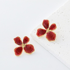 Red 304 Stainless Steel Enamel Stud Earrings for Women, Golden, Red, 22x22mm