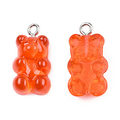 Coral Resin Pendants, with Platinum Tone Iron Loop, Imitation Food, Bear, Coral, 20.5~22.5x11.5x7mm, Hole: 2mm