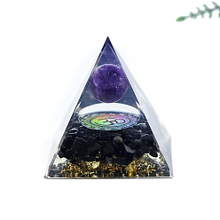Mixed Stone Orgonite Pyramid Resin Energy Generators, Reiki Natural Amethyst and Natural Obsidian Chips Inside for Home Office Desk Decoration, 60mm