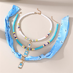 Темно-Голубой Прямоугольный кулон из цинкового сплава с эмалью 3 многослойное ожерелье, Шарфы-ожерелья из стеклянных бусин для женщин, золотые, глубокое синее небо, 15.55 дюйм (39.5 см) ~ 22.83 дюйм (58 см), 3 шт / комплект