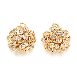 Настоящее золото 18K Латунные микропаве прозрачные подвески с фианитом, цветок, без никеля , реальный 18 k позолоченный, 19x17x6~7 мм, отверстие : 1.8 мм