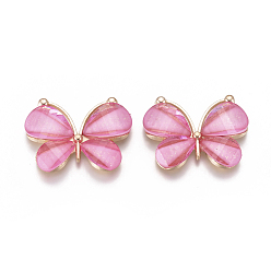 Hot Pink Alloy Pendants, with Resin, Faceted, Butterfly, Light Gold, Hot Pink, 21~22x28~29x4.5mm, Hole: 2.5mm.