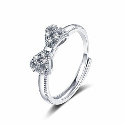 Платина Регулируемые кольца из латуни с микропаве и цирконием для женщин, бантом, платина, размер США 8 (18.1 мм)