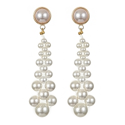 White Shell Pearl Beaded Teardrop Dangle Stud Earrings, Brass Jewelry, White, 58~59.5x16mm