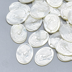 Seashell Color Natural White Shell Mother of Pearl Shell Pendants, Oval with Carved Virgin and Child, Seashell Color, 20x15x2.5mm, Hole: 0.6mm