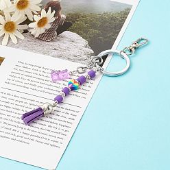 Mixed Color Polymer Clay Heishi Beaded Keychain, with Suede Cord Tassel and Resin Bear Pendants, 304 Stainless Steel Findings and Iron Ring, Mixed Color, 16.8cm