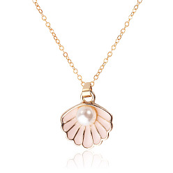 Misty Rose 304 Stainless Steel Necklaces, Shell Shape, with Alloy Enamel & ABS Plastic Imitation Pearl Pendants, Golden, Misty Rose, 15.75 inch(40cm), Pendant: 16.7mm
