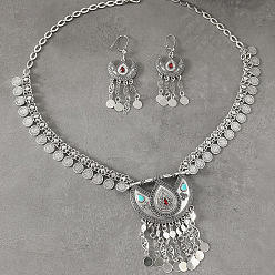 Античное Серебро Комплекты ожерелий и серег-колец из цинкового сплава и стекла в стиле «Цветочная Богемия», античное серебро, 610 мм и 71.9x26.8 мм