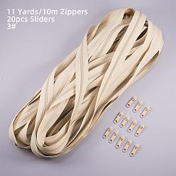 Bisque Garment Accessories, Zip-fastener Component Sets, #3 Nylon Zipper & Iron Zipper Puller, Bisque, 1000x2.5x0.2cm, 1stand, Head: 27mm, 20pcs