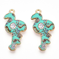 Turquoise Printed Light Gold Tone Alloy Pendants, Flamingo Charms, Turquoise, 28.5x14x2mm, Hole: 1.5mm