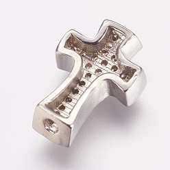Platinum Brass Micro Pave Cubic Zirconia Beads, Cross, Platinum, 14x9x4mm, Hole: 1.5mm