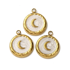 Золотой 304 нержавеющей стальной эмали подвески, плоская круглая с лунным шармом, ионное покрытие (ip), золотые, 17.5x15x2.5 мм, отверстие : 2 мм