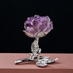 Amethyst Raw Natural Amethyst Display Decorations, Flower Platinum Tone Metal Base Statues for Home Office Decorations, 90~100x70~80mm