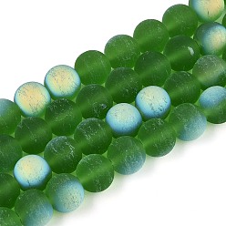 Зеленый Матовые прозрачные стеклянные бусины, круглые, с половиным покрытием, с покрытием AB цвета, зелёные, 9.5~10 мм, отверстие : 1.2 мм, около 39~41 шт / нитка, 14.57~15.75'' (37~40 см)