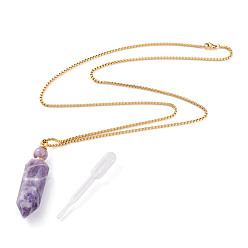 Golden Natural Amethyst Openable Perfume Bottle Pendant Necklaces, with 304 Stainless Steel Box Chains and Plastic Dropper, Bullet, Golden, 27.95 inch(71cm)