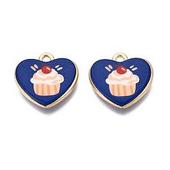 Marine Blue Birthday Printed Alloy Pendants, Rack Plating, Heart & Cake Charms, Cadmium Free & Nickel Free & Lead Free, Golden, Marine Blue, 17x17.5x3mm, Hole: 1.6mm