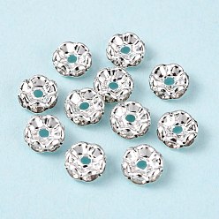 Crystal Brass Rhinestone Spacer Beads, Grade A, Wavy Edge, Silver Color Plated, Rondelle, Crystal, 8x3.8mm, Hole: 1mm