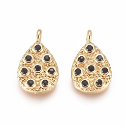 Черный Латунные микро проложить кубического циркония подвески, слеза, золотые, чёрные, 14x8.5x2.5 мм, отверстие : 1.4 мм